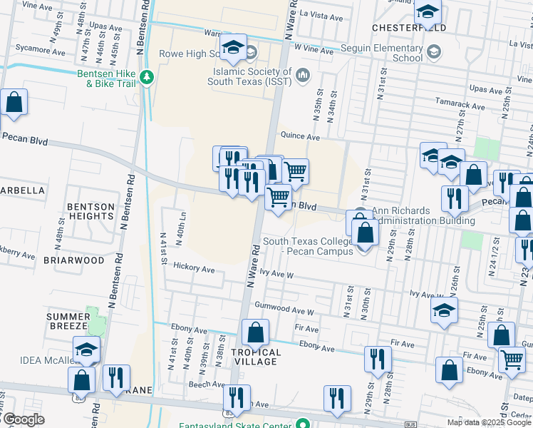 map of restaurants, bars, coffee shops, grocery stores, and more near 3601 Pecan Boulevard in McAllen
