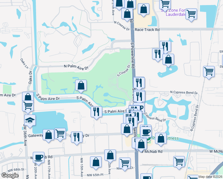 map of restaurants, bars, coffee shops, grocery stores, and more near 2681 South Course Drive in Pompano Beach