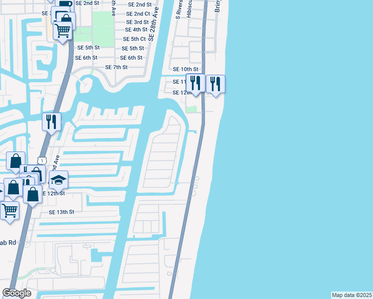 map of restaurants, bars, coffee shops, grocery stores, and more near 1371 South Ocean Boulevard in Pompano Beach