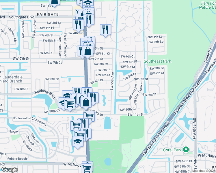 map of restaurants, bars, coffee shops, grocery stores, and more near 880 Southwest 55th Avenue in Margate