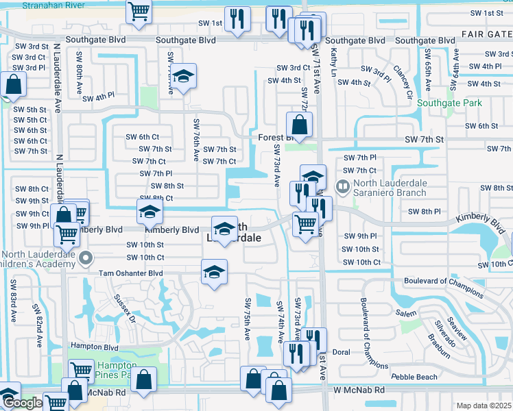 map of restaurants, bars, coffee shops, grocery stores, and more near 830 Southwest 74th Terrace in North Lauderdale
