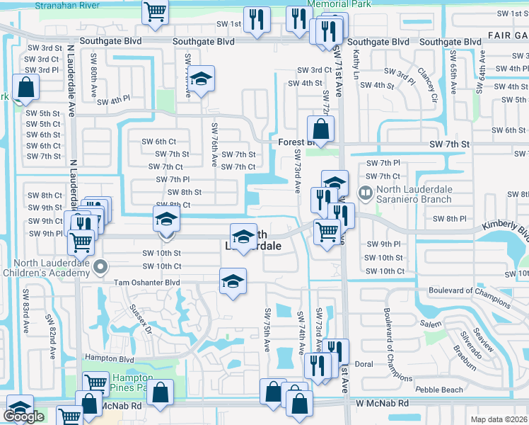 map of restaurants, bars, coffee shops, grocery stores, and more near 830 Southwest 74th Terrace in North Lauderdale