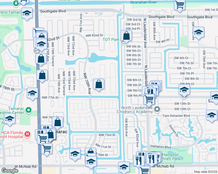 map of restaurants, bars, coffee shops, grocery stores, and more near 7804 Northwest 68th Avenue in Tamarac