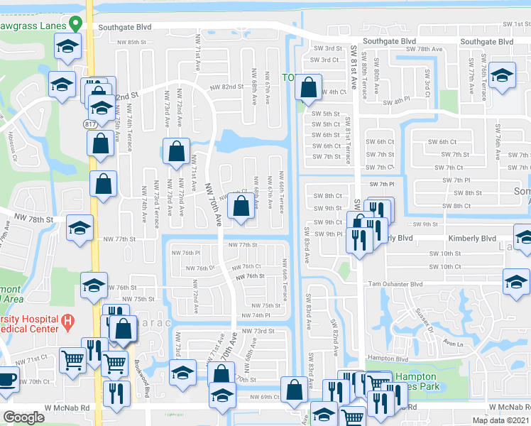 map of restaurants, bars, coffee shops, grocery stores, and more near 7804 Northwest 68th Avenue in Tamarac