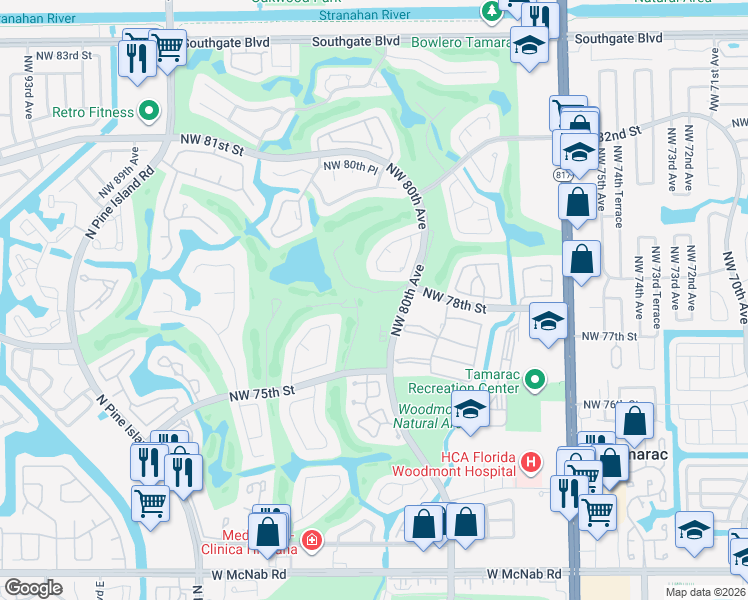 map of restaurants, bars, coffee shops, grocery stores, and more near 7801 Northwest 80th Avenue in Tamarac