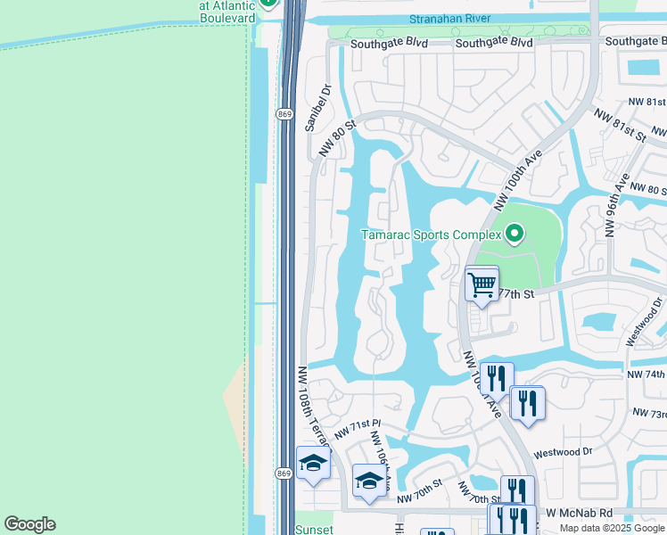 map of restaurants, bars, coffee shops, grocery stores, and more near 7385 North Devon Drive in Tamarac