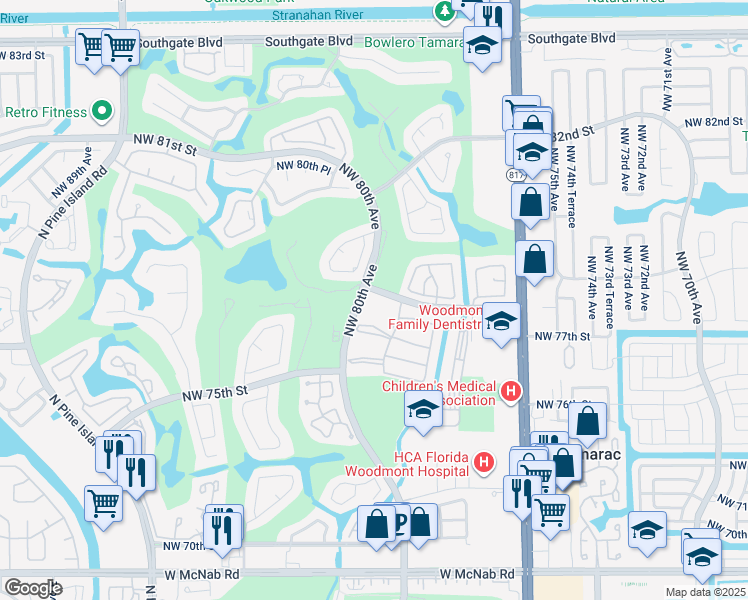map of restaurants, bars, coffee shops, grocery stores, and more near 7735 Northwest 79th Avenue in Tamarac