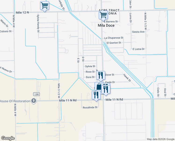 map of restaurants, bars, coffee shops, grocery stores, and more near 3203 Rosa Street in Mercedes