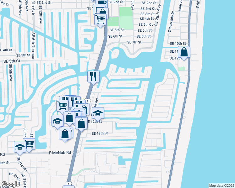 map of restaurants, bars, coffee shops, grocery stores, and more near 2375 Southeast 10th Street in Pompano Beach