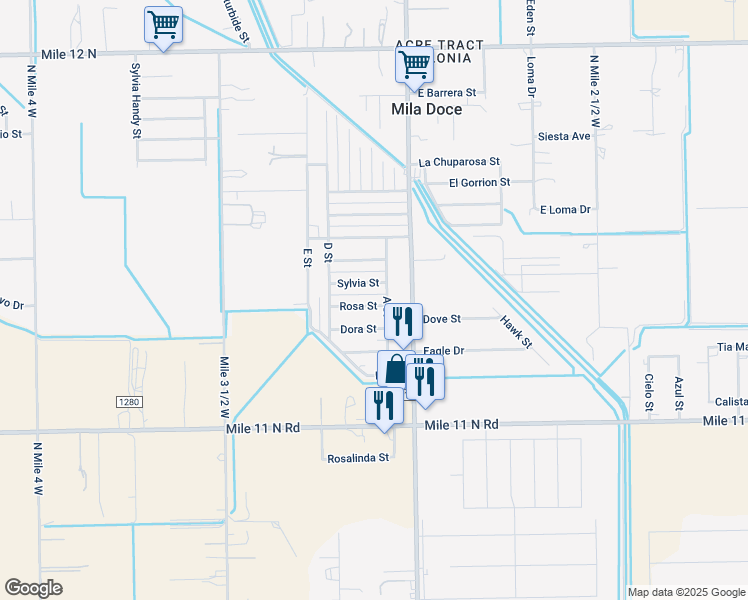 map of restaurants, bars, coffee shops, grocery stores, and more near 6118 A Street in Mercedes