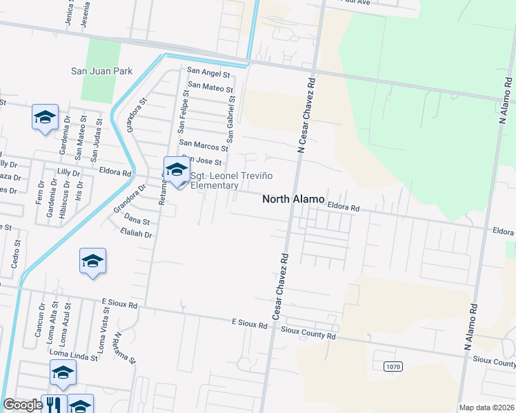 map of restaurants, bars, coffee shops, grocery stores, and more near 1109 Eldora Road in San Juan