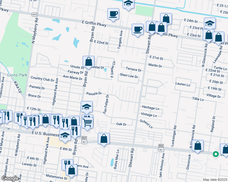map of restaurants, bars, coffee shops, grocery stores, and more near 1502 Dons Drive in Mission