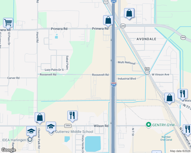 map of restaurants, bars, coffee shops, grocery stores, and more near 2625 Roosevelt Road in Harlingen