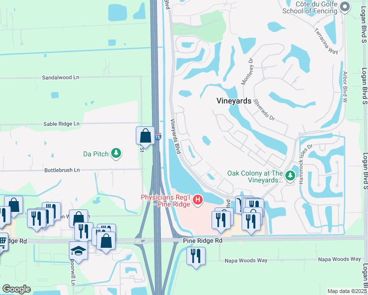 map of restaurants, bars, coffee shops, grocery stores, and more near 190 Vintage Circle in Naples