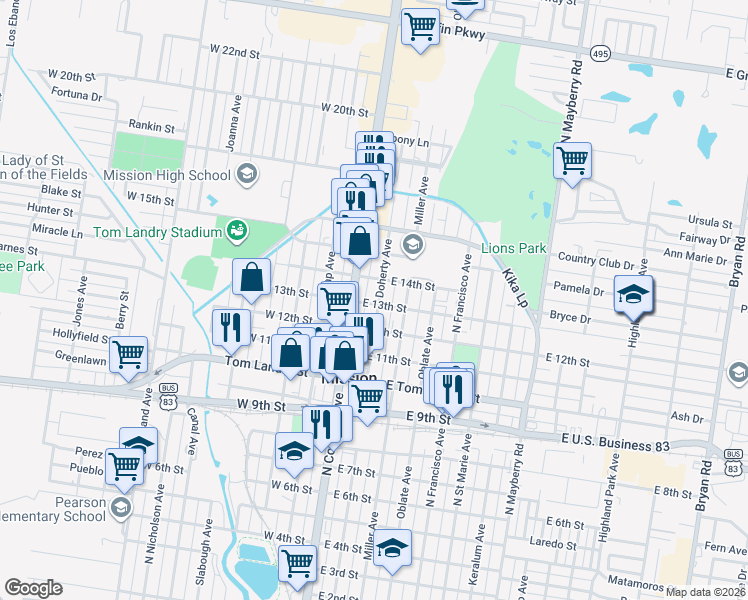 map of restaurants, bars, coffee shops, grocery stores, and more near 1301 Doherty Avenue in Mission