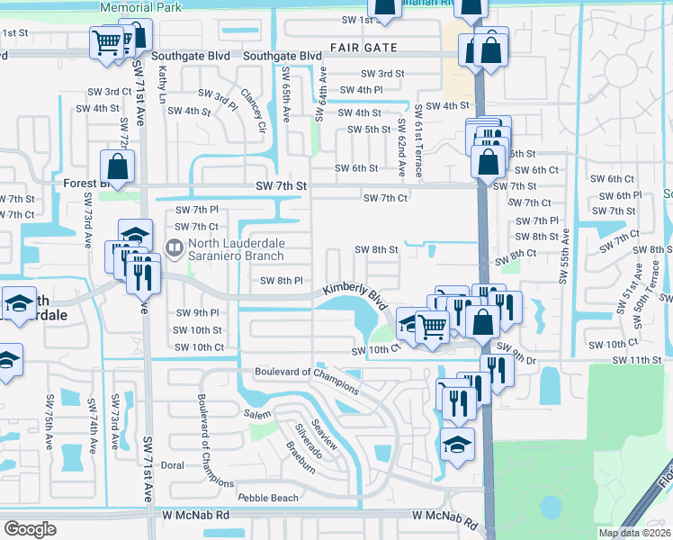 map of restaurants, bars, coffee shops, grocery stores, and more near 890 Southwest 63rd Way in North Lauderdale