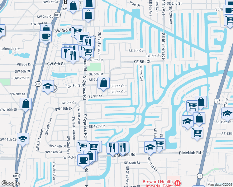 map of restaurants, bars, coffee shops, grocery stores, and more near 260 Southeast 9th Street in Pompano Beach
