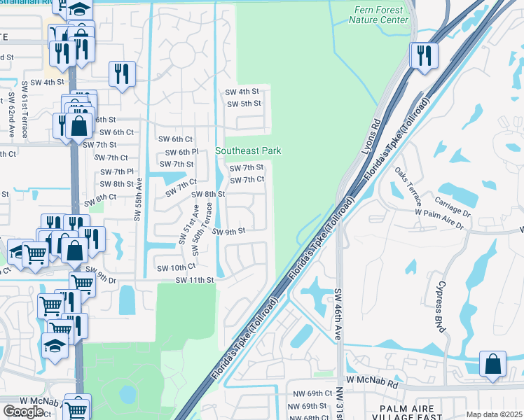map of restaurants, bars, coffee shops, grocery stores, and more near 851 Southwest 49th Way in Margate