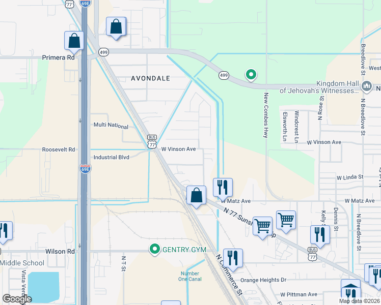 map of restaurants, bars, coffee shops, grocery stores, and more near 1522 West Velvet Oaks Avenue in Harlingen