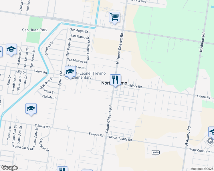 map of restaurants, bars, coffee shops, grocery stores, and more near in North Alamo