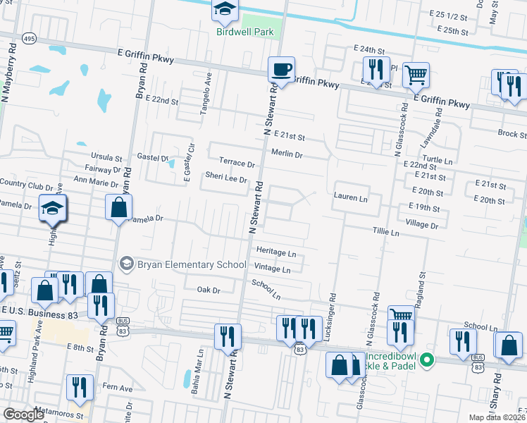 map of restaurants, bars, coffee shops, grocery stores, and more near 1506 Dora Jeanne Drive in Mission