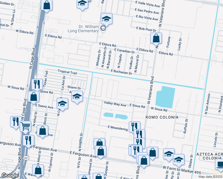 map of restaurants, bars, coffee shops, grocery stores, and more near 901 East Sioux Road in Pharr