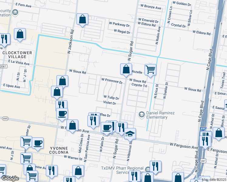 map of restaurants, bars, coffee shops, grocery stores, and more near 2717 Carnation Lane in Pharr