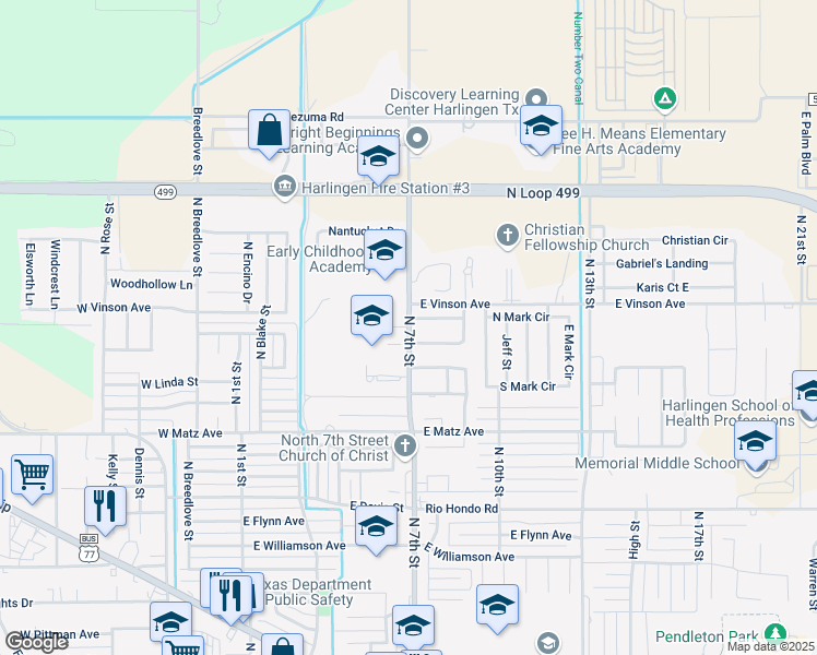 map of restaurants, bars, coffee shops, grocery stores, and more near 2809 North 7th Street in Harlingen