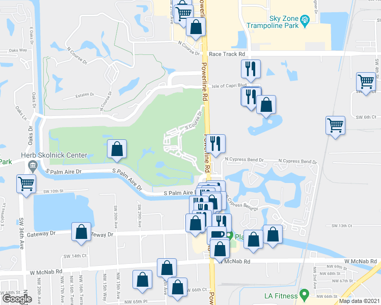 map of restaurants, bars, coffee shops, grocery stores, and more near 3001 South Course Drive in Pompano Beach