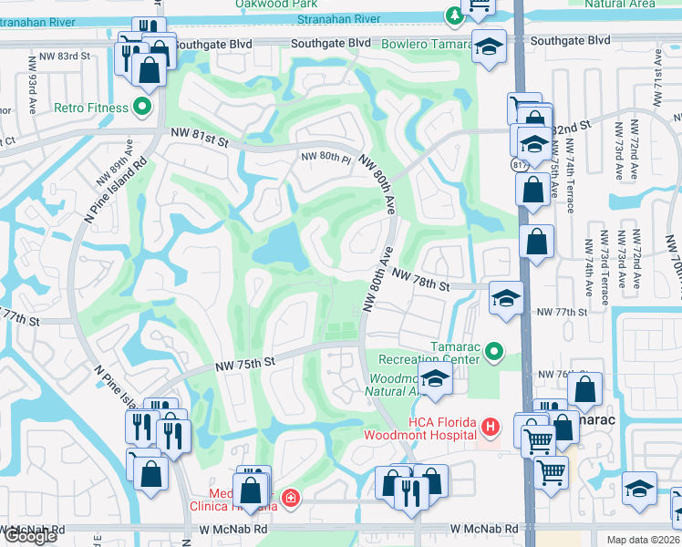map of restaurants, bars, coffee shops, grocery stores, and more near 7645 Black Olive Way in Tamarac