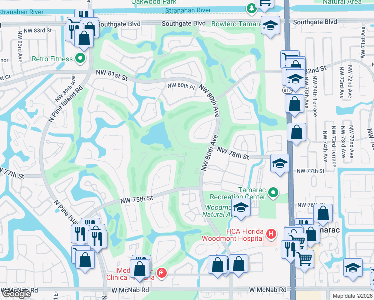 map of restaurants, bars, coffee shops, grocery stores, and more near 7645 Black Olive Way in Tamarac