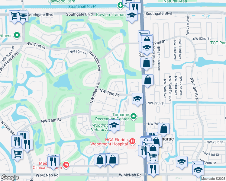 map of restaurants, bars, coffee shops, grocery stores, and more near 7844 Beechfern Circle in Tamarac