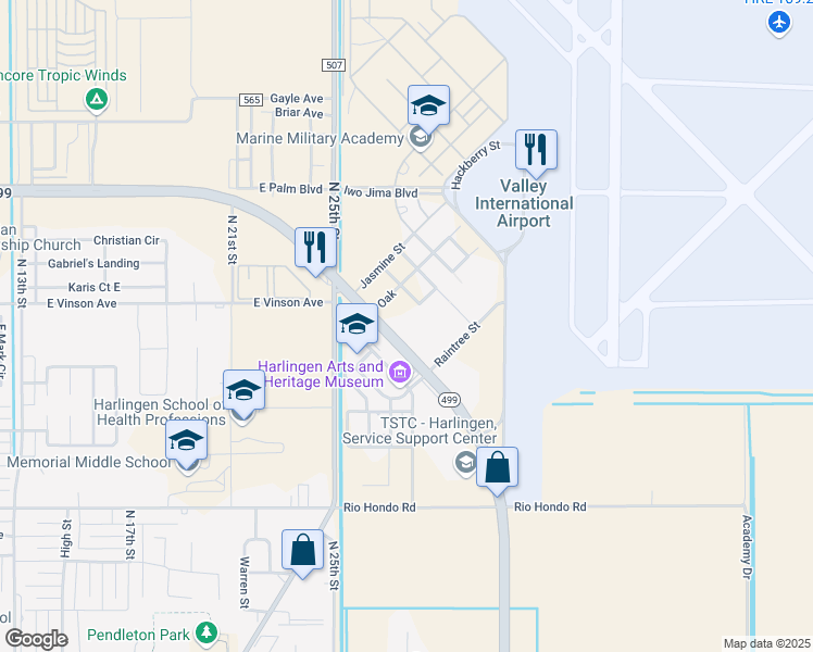 map of restaurants, bars, coffee shops, grocery stores, and more near 1902 Highway 499 Loop in Harlingen