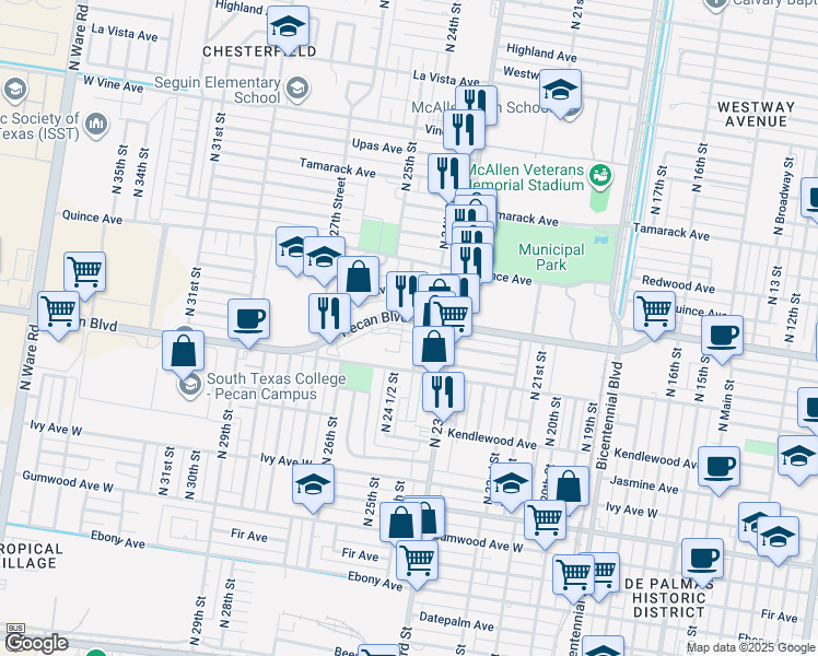 map of restaurants, bars, coffee shops, grocery stores, and more near 2509 Pecan Boulevard in McAllen