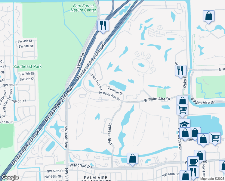 map of restaurants, bars, coffee shops, grocery stores, and more near 4102 Carriage Drive in Pompano Beach
