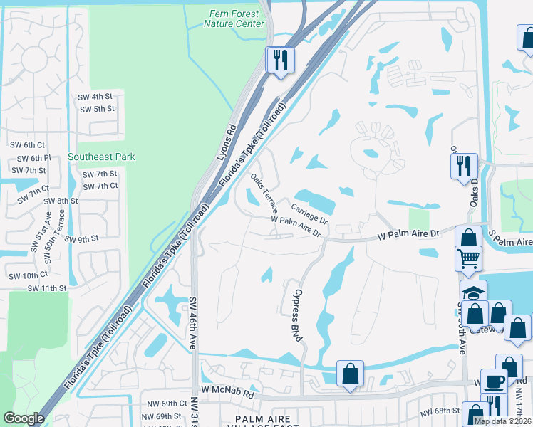 map of restaurants, bars, coffee shops, grocery stores, and more near 4130 West Palm Aire Drive in Pompano Beach