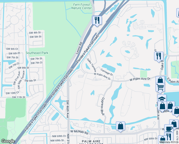map of restaurants, bars, coffee shops, grocery stores, and more near 4130 West Palm Aire Drive in Pompano Beach
