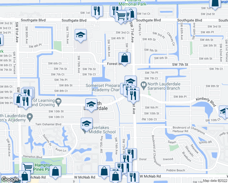 map of restaurants, bars, coffee shops, grocery stores, and more near 7201 Kimberly Boulevard in North Lauderdale