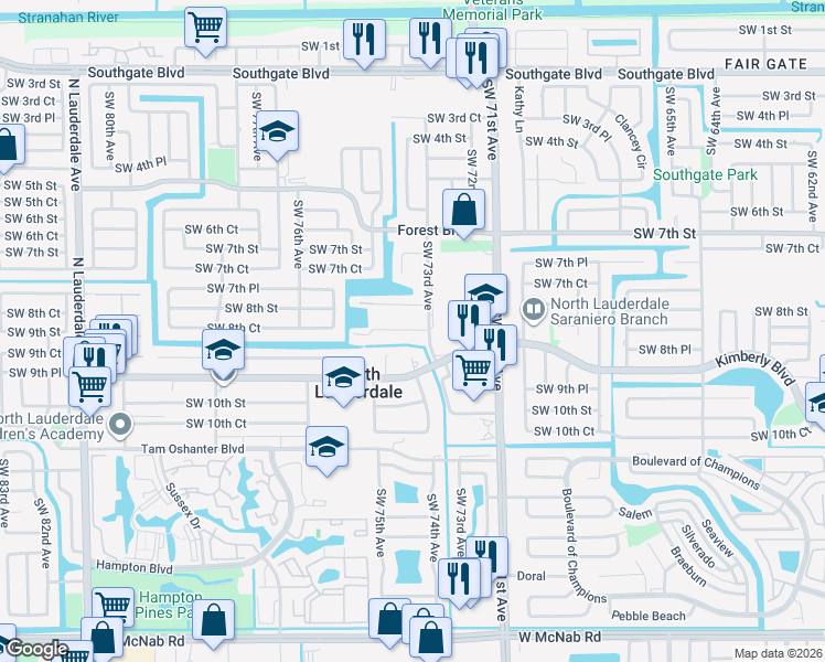 map of restaurants, bars, coffee shops, grocery stores, and more near 830 Southwest 74th Terrace in North Lauderdale