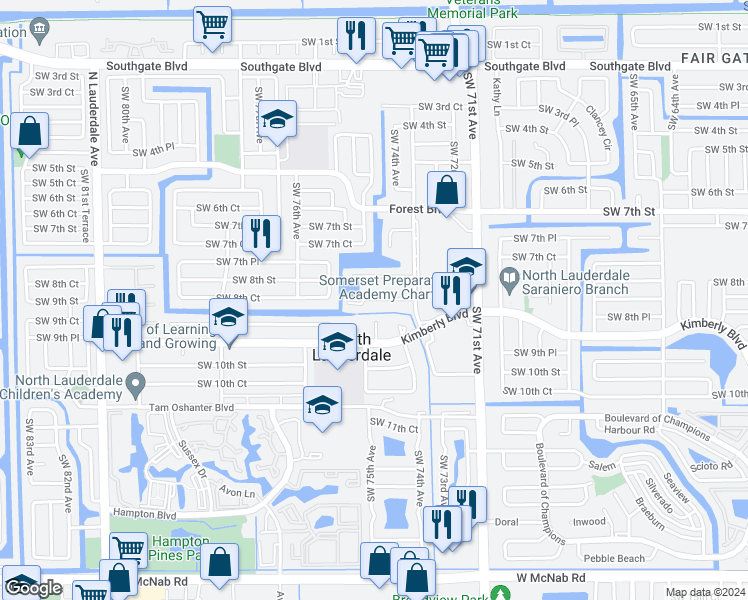 map of restaurants, bars, coffee shops, grocery stores, and more near 830 Southwest 74th Terrace in North Lauderdale