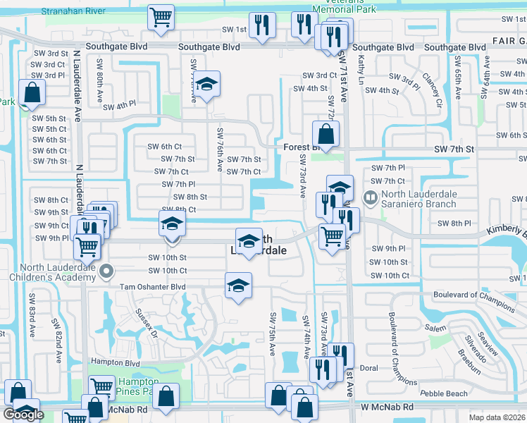 map of restaurants, bars, coffee shops, grocery stores, and more near 7414 Southwest 8th Court in North Lauderdale