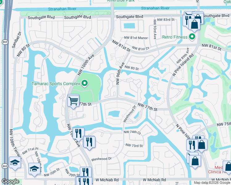 map of restaurants, bars, coffee shops, grocery stores, and more near 9729 Northwest 76th Court in Tamarac