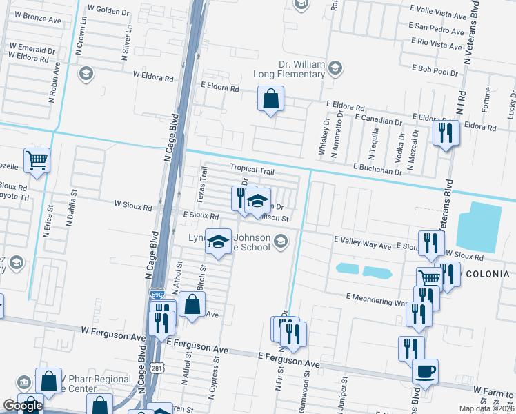 map of restaurants, bars, coffee shops, grocery stores, and more near 700 Allison Street in Pharr
