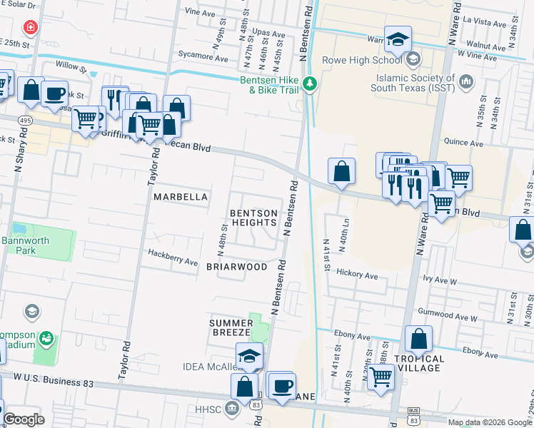 map of restaurants, bars, coffee shops, grocery stores, and more near 4604 Kendlewood Courts in McAllen