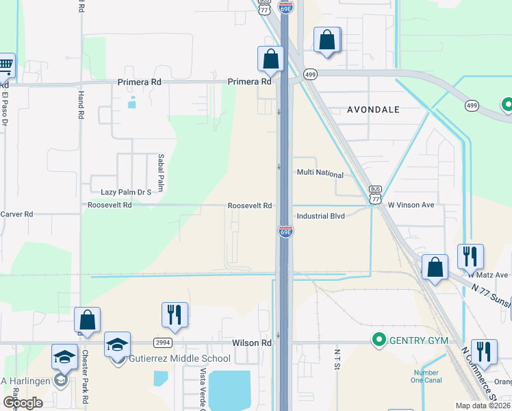 map of restaurants, bars, coffee shops, grocery stores, and more near 2625 Roosevelt Road in Harlingen