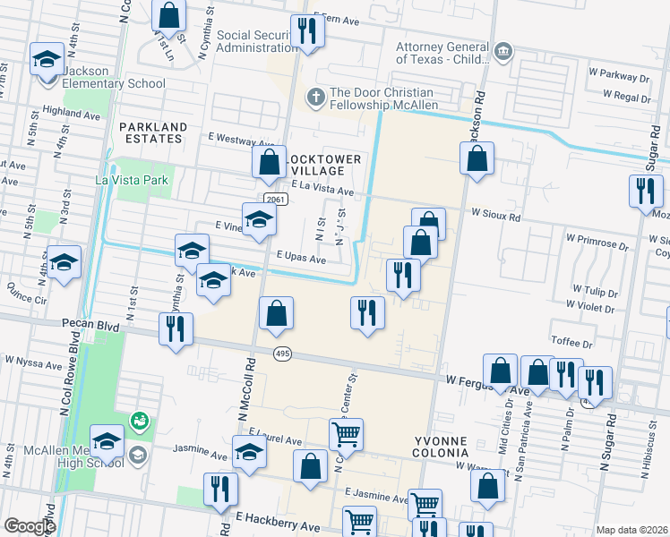 map of restaurants, bars, coffee shops, grocery stores, and more near 1024 East Upas Avenue in McAllen