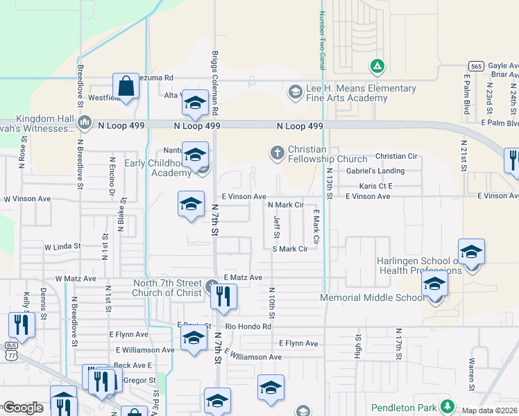 map of restaurants, bars, coffee shops, grocery stores, and more near 2614 West Mark Circle in Harlingen