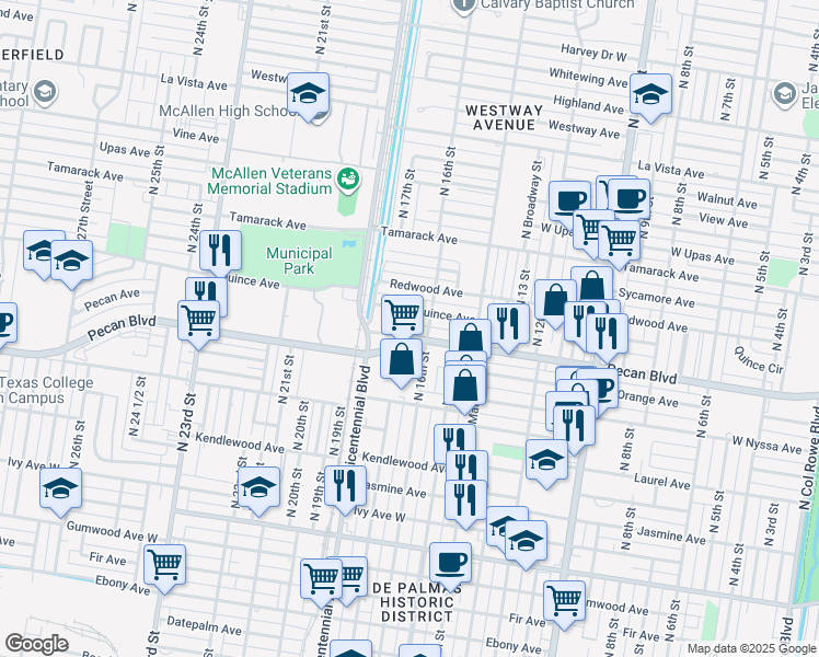 map of restaurants, bars, coffee shops, grocery stores, and more near 1623 Pecan Boulevard in McAllen