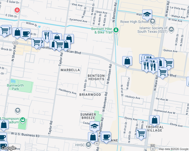 map of restaurants, bars, coffee shops, grocery stores, and more near 1109 North 47th Street in McAllen