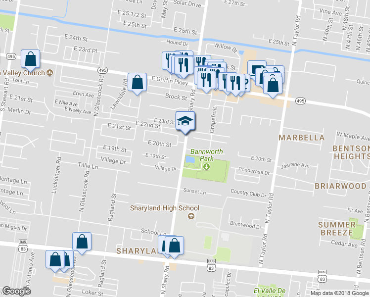 map of restaurants, bars, coffee shops, grocery stores, and more near 2070 North Shary Road in Mission